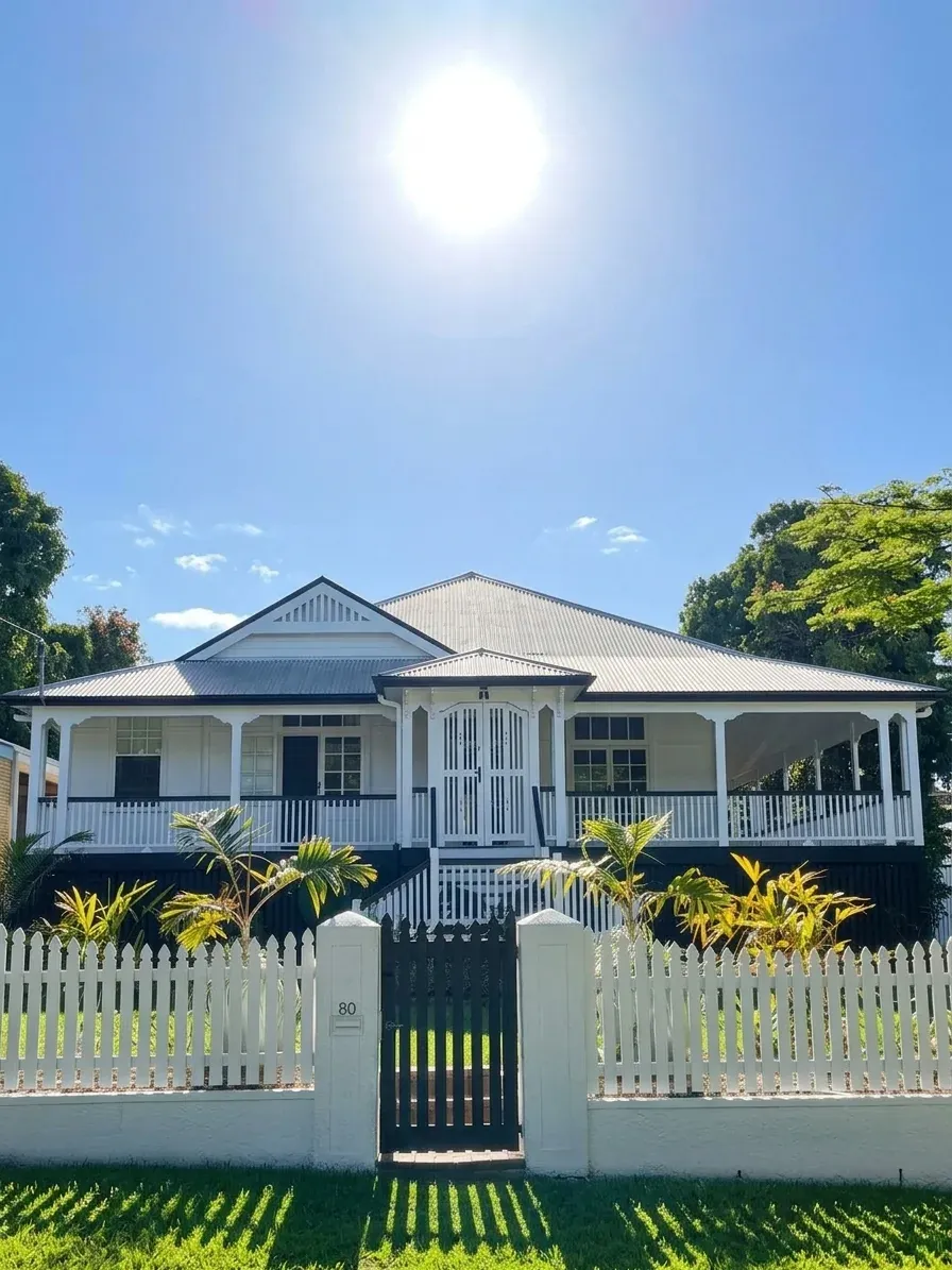 Freshly painted Queenslander exterior with white weatherboards in Ascot